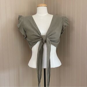 Wildfire Olive Green Criss-Cross Wrap or Crop Top 100% Linen Size 10